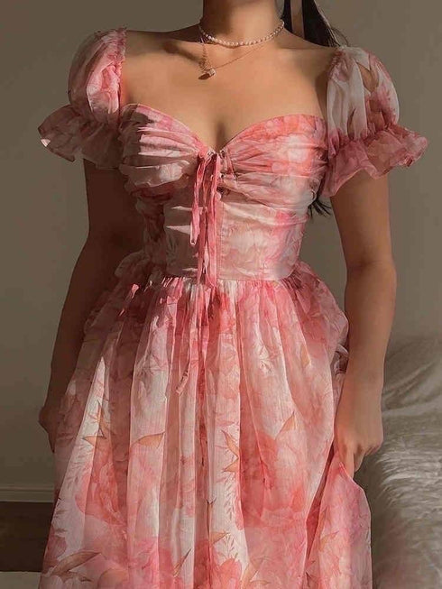 Floral Print Deep Square Neckline Sleeveless Lace Tie Up Dresses